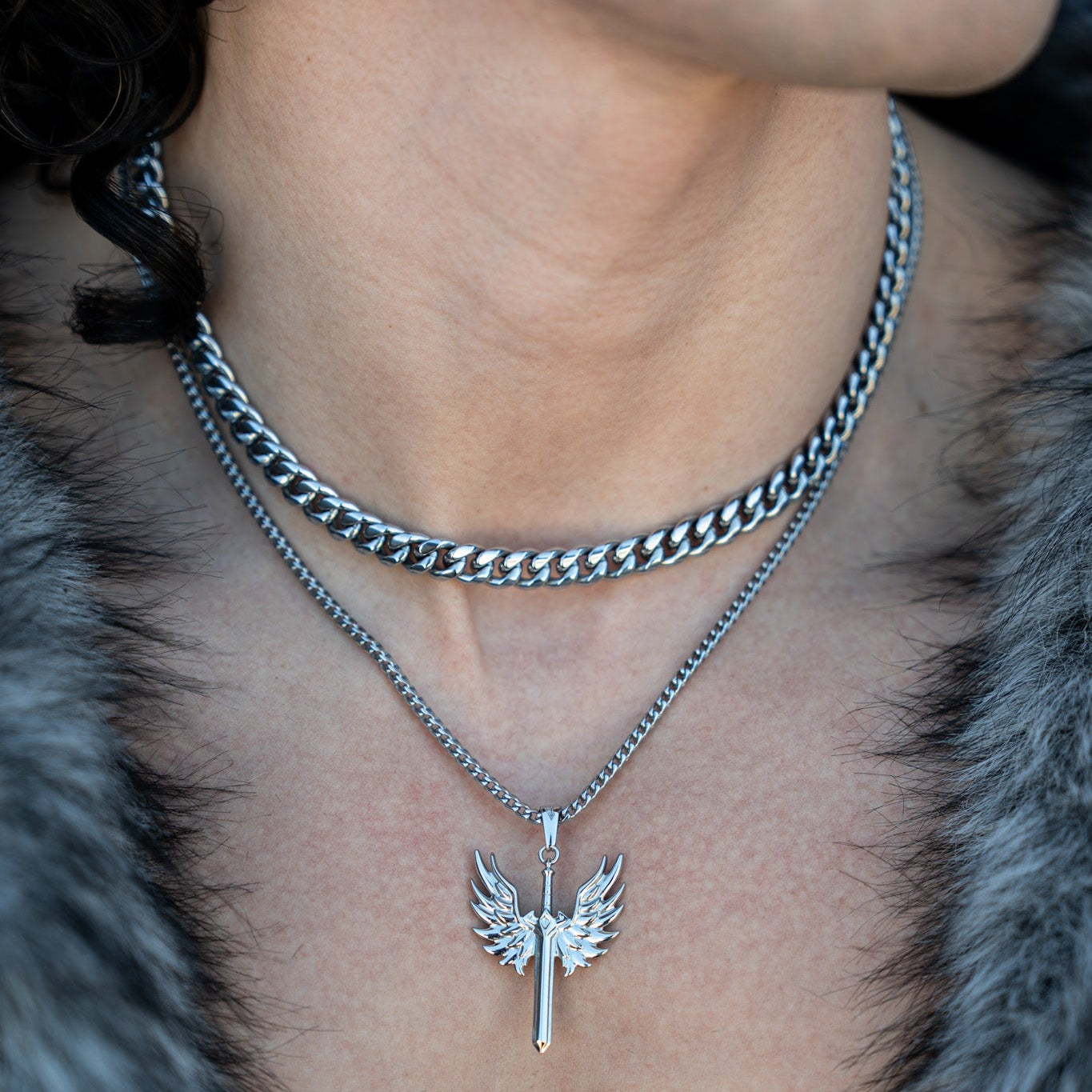 Chaîne maille cubaine + ensemble épée d'ange – argent