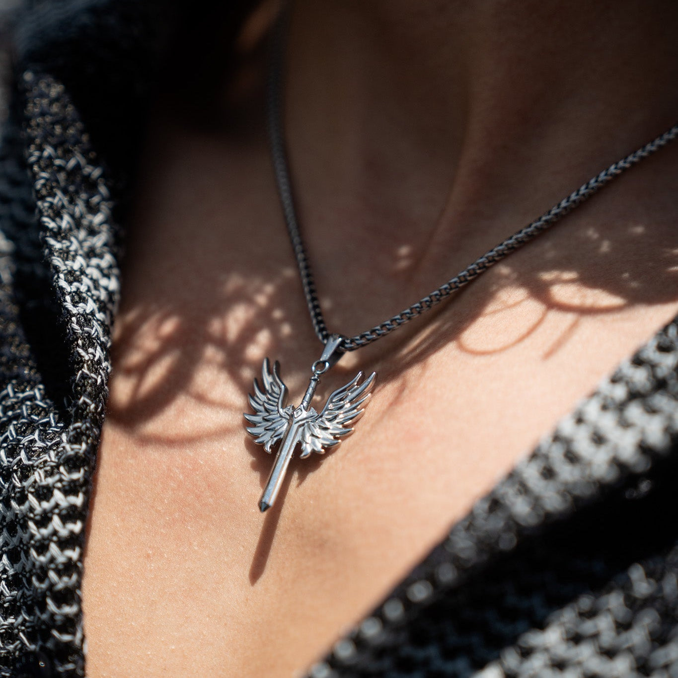 Angel Sword Pendant & Franco Chain - Silver Tone