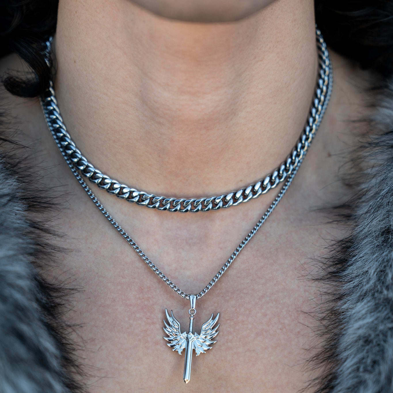 Chaîne maille cubaine + ensemble épée d'ange – argent