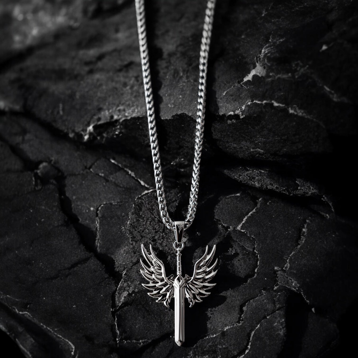 Angel Sword Pendant & Franco Chain - Silver Tone