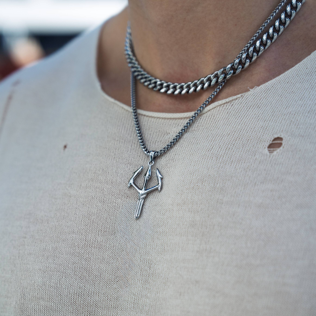 Cuban Link Chain + Warrior Trident Set – Silver