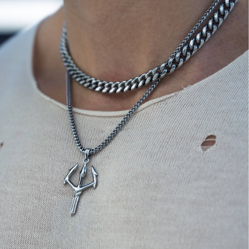 Cuban Link Chain + Warrior Trident Set – Silver