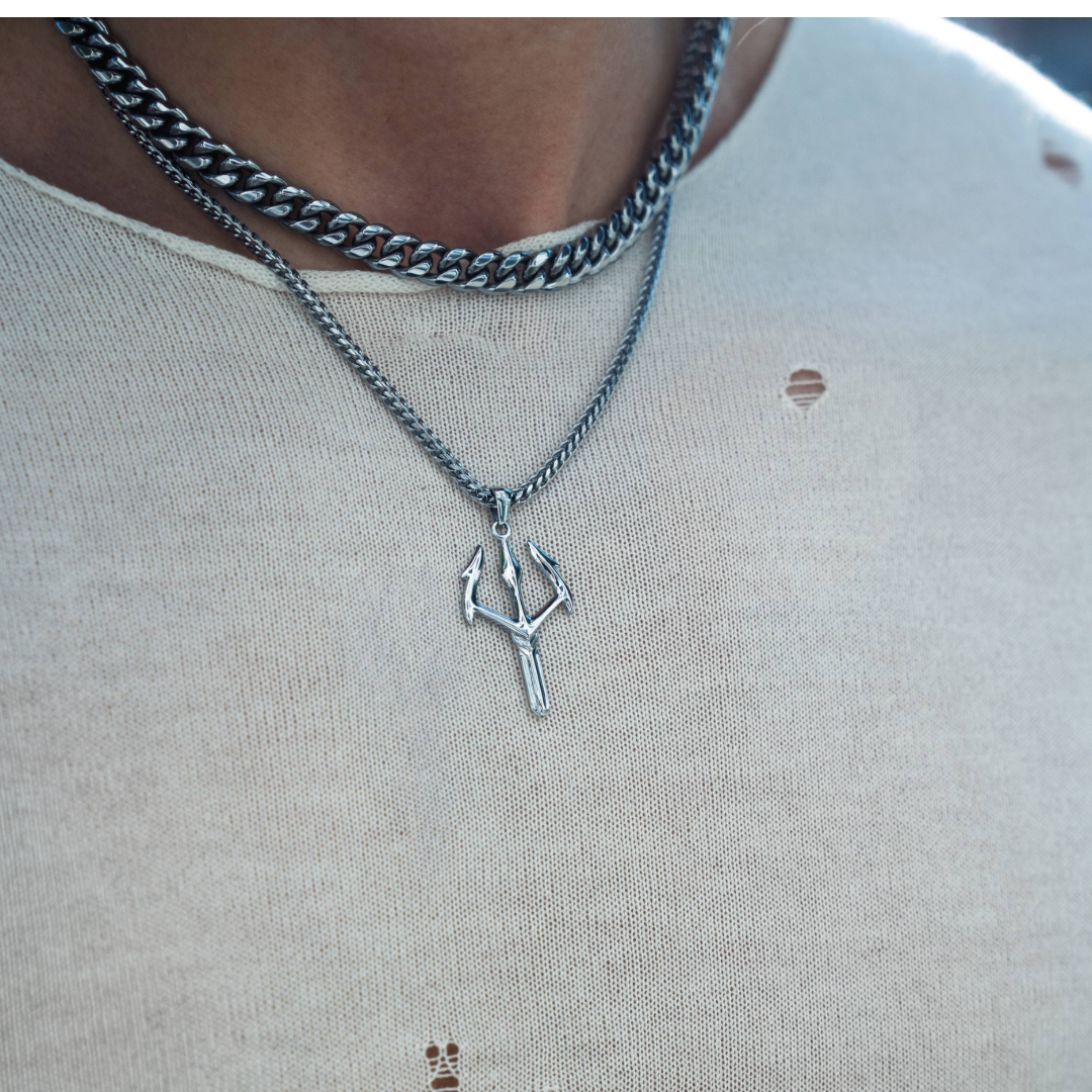 Cuban Link Chain + Warrior Trident Set – Silver